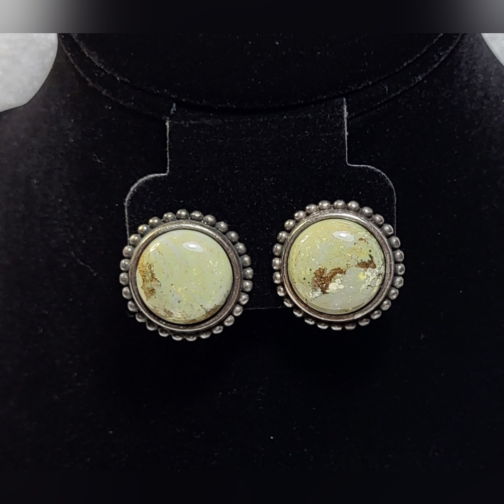 Green Jasper and Antiqued Silver Round Stud Earrings / Pierced - Picture 6 of 7